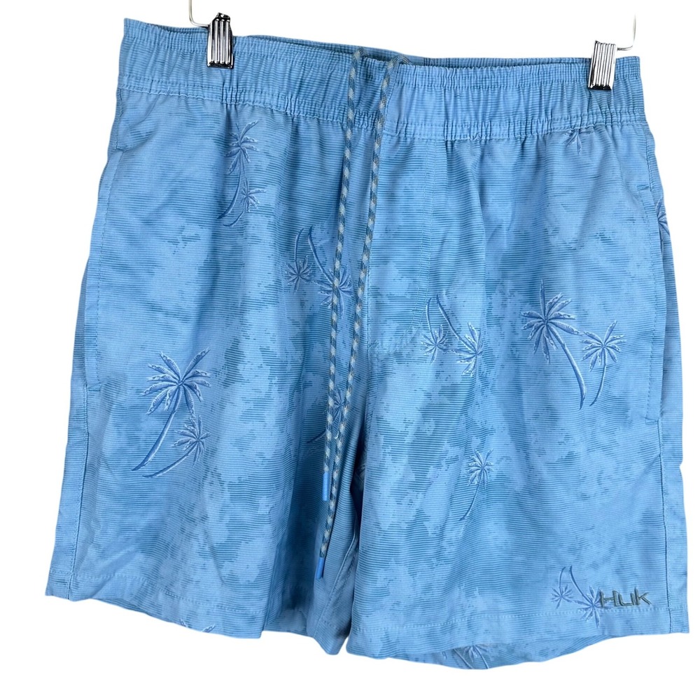 Huk Mens Performance Fishing Shorts Blue Palm Tree Embroidered  S 7 Inch Inseam